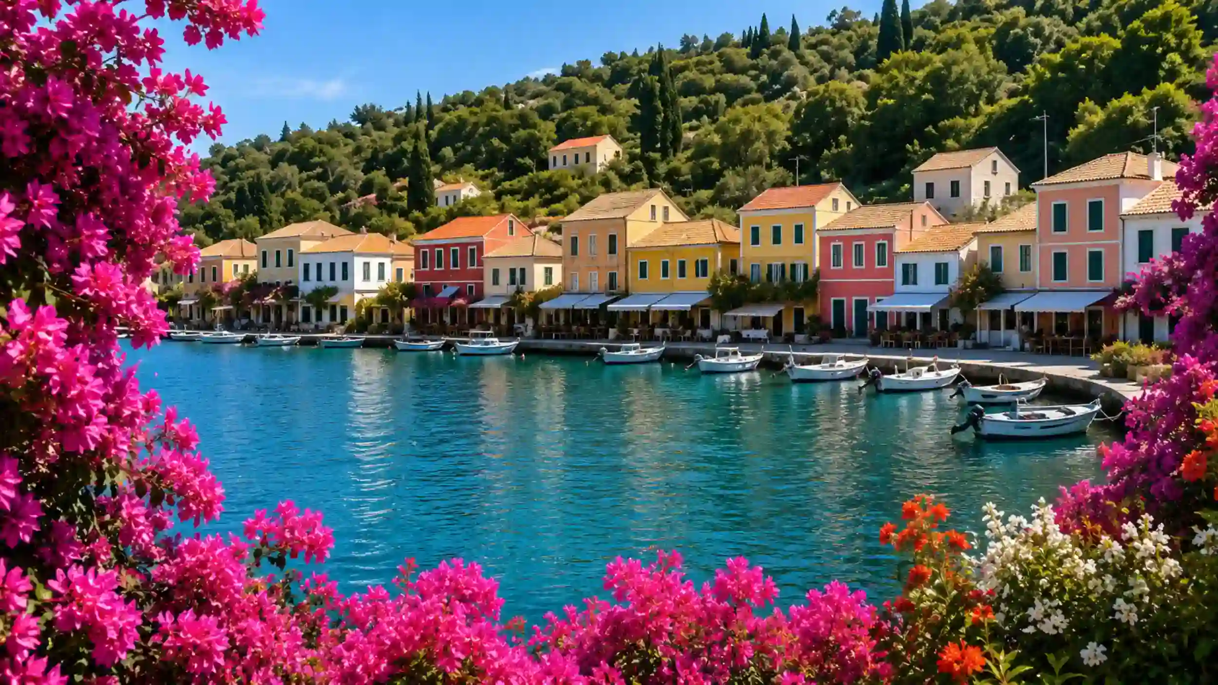 Bougainvillea frames Loggos harbour, which Paxos village should you stay in.