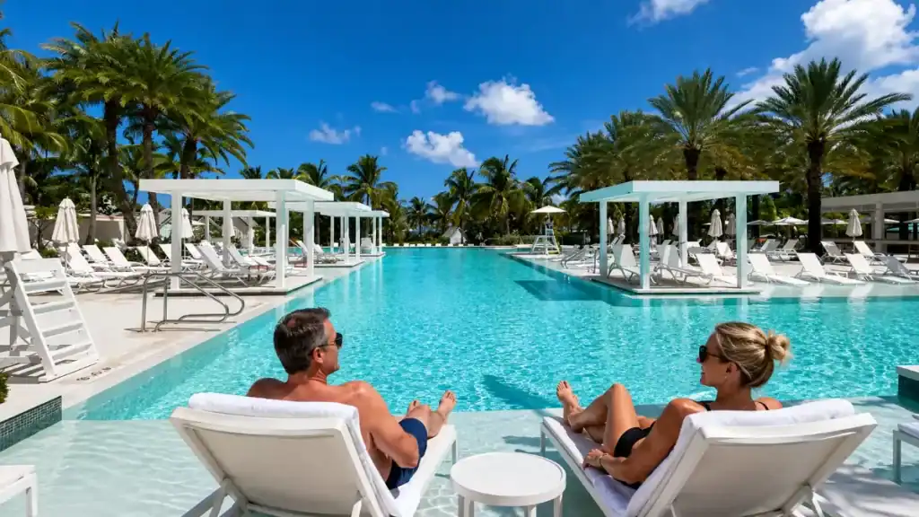 Loungers rest in the shallow pool at Baha Mar Resort, framed by white cabanas and palms.