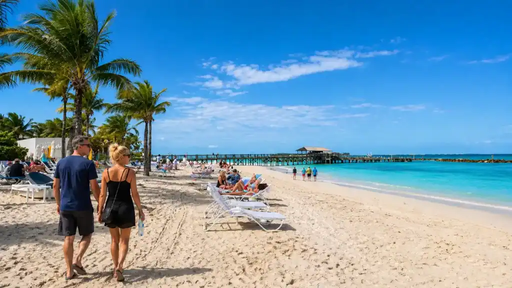 Couple walks past sunbathers on Cable Beach during the best time to visit Nassau in spring