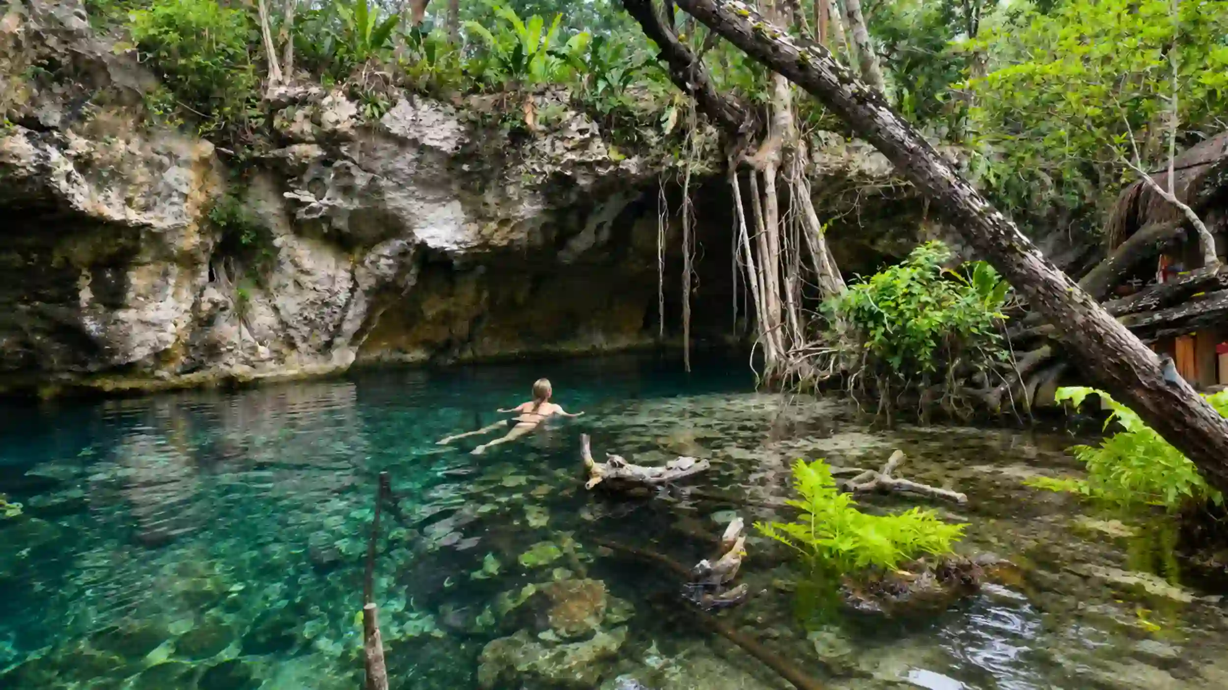 A lone swimmer drifts through Gran Cenote's jungle pool, one reason Tulum is the best base for cenotes.