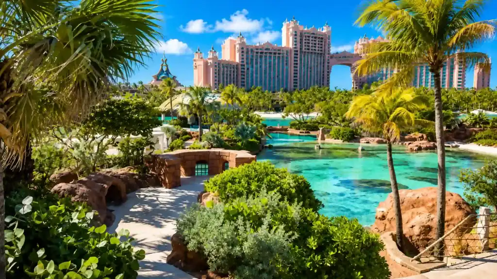 Palm lined lagoon path winds toward the Atlantis Resort, revealing why people ask is Nassau expensive