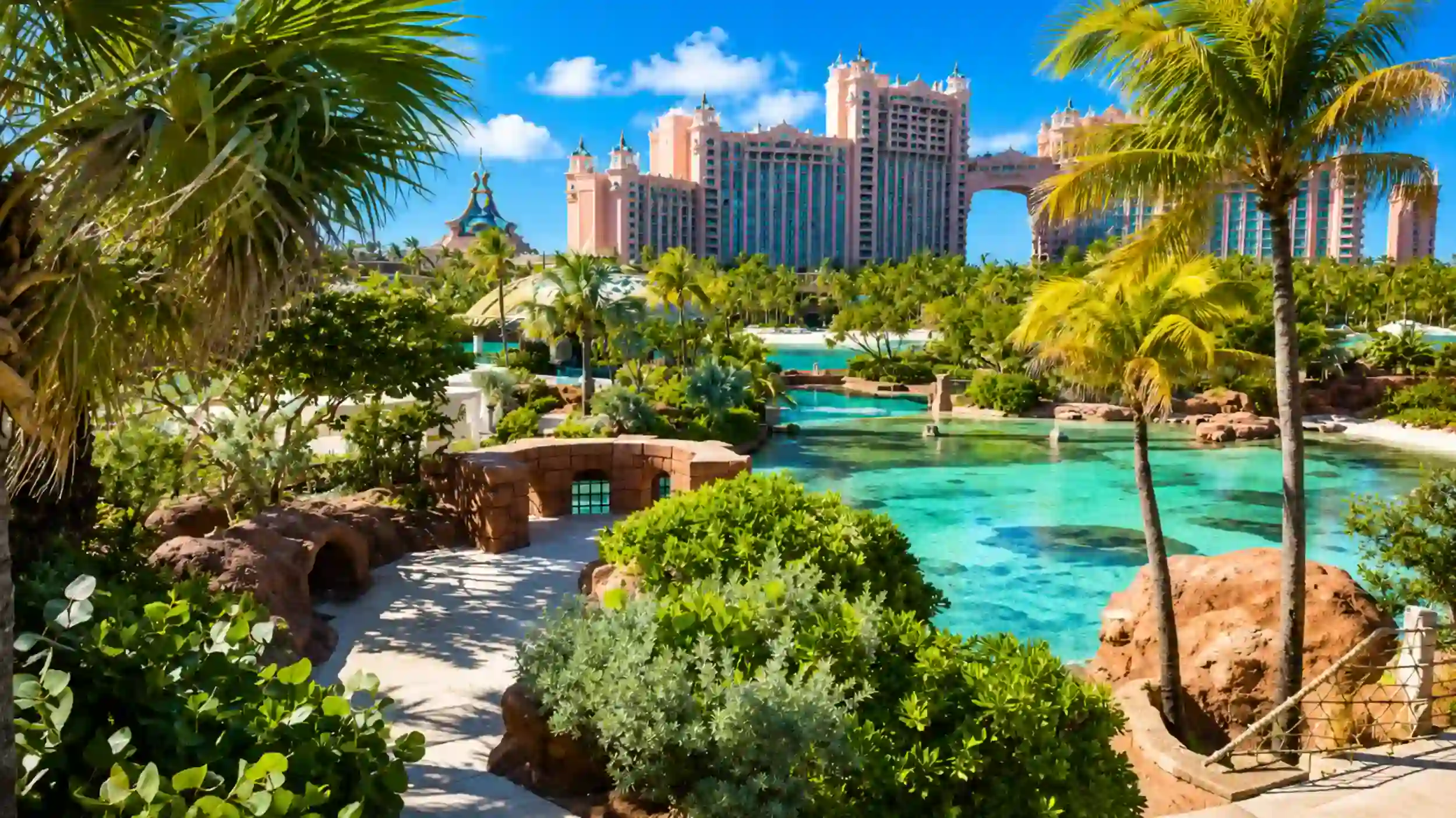Palm lined lagoon path winds toward the Atlantis Resort, revealing why people ask is Nassau expensive