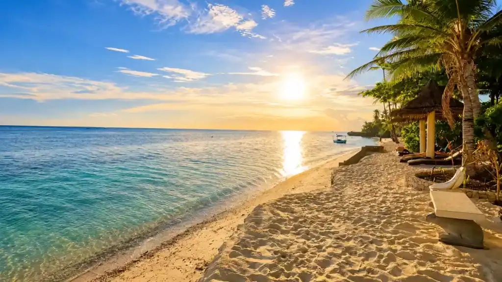 Golden sun sets over calm water at a palm-shaded resort cove in Anda.