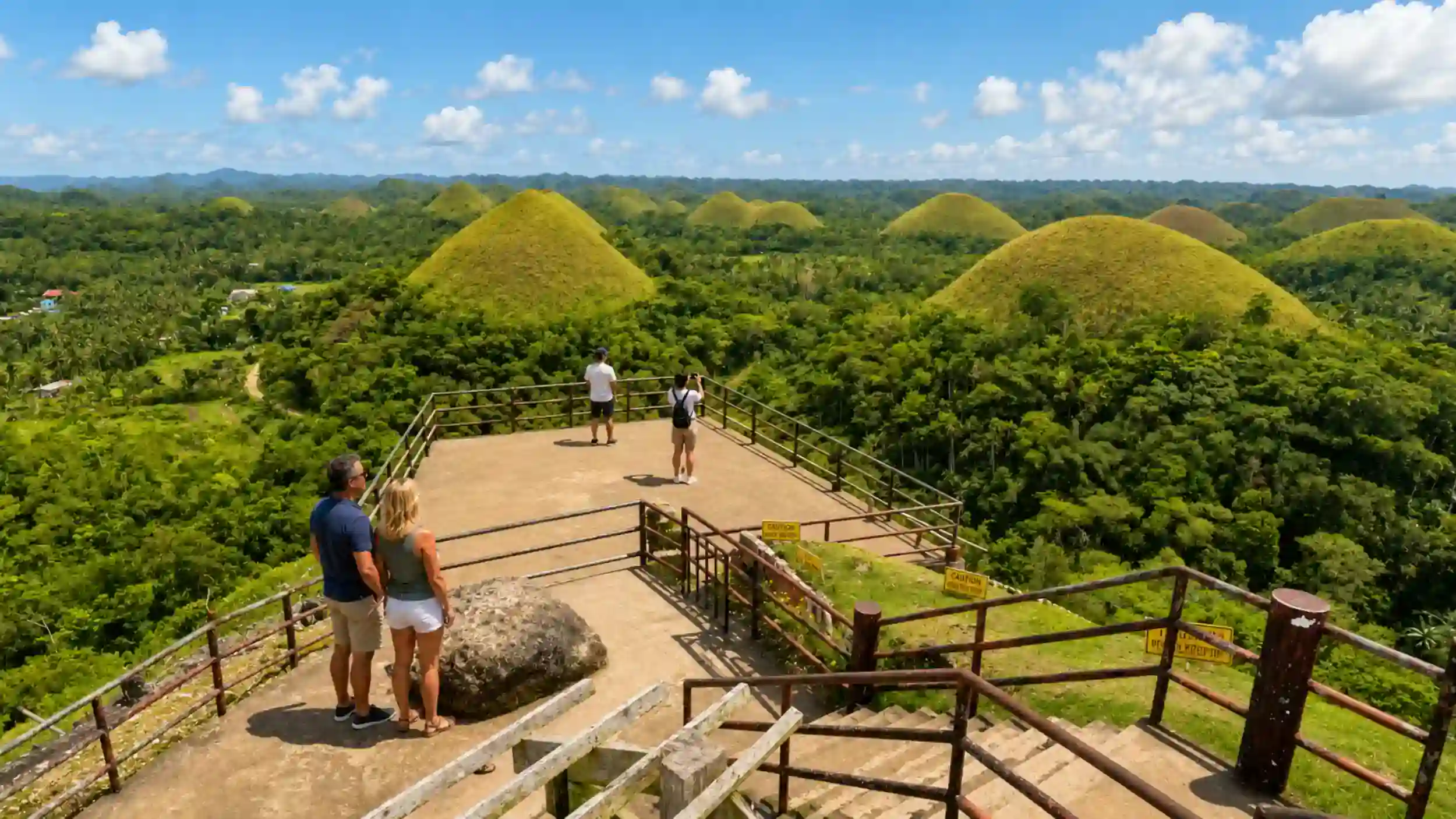 Visitors admire cone-shaped hills from the Chocolate Hills independently or tour viewpoint deck