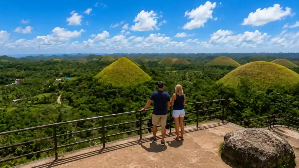 Couple admiring Chocolate Hills viewpoint, a key stop if you're wondering do you need a car in Bohol
