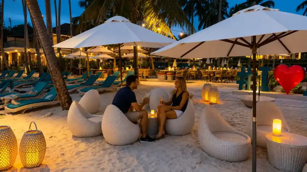 Couple sharing drinks in woven egg chairs on a lantern-lit Panglao beach at dusk