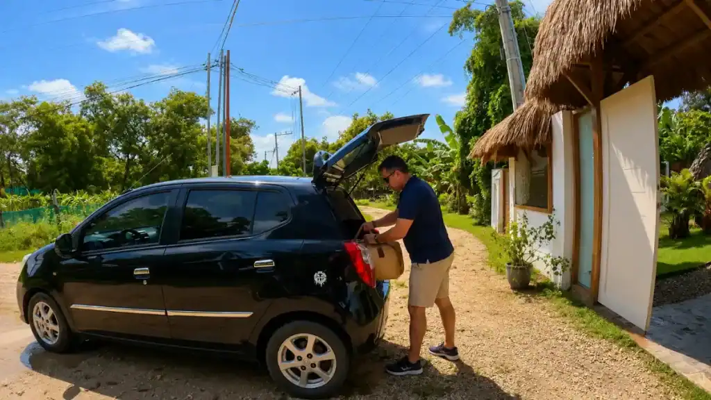 Man loading luggage into rental car outside a thatched-roof guesthouse in rural Bohol
