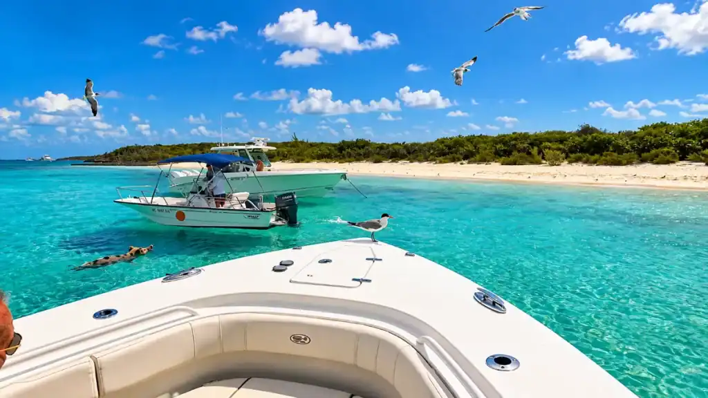 Terns circle a boat bow near a swimming pig off Big Major Cay