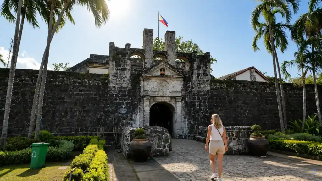 Visitor approaching the stone entrance gate of Fort San Pedro in Cebu, flanked by tall palm trees