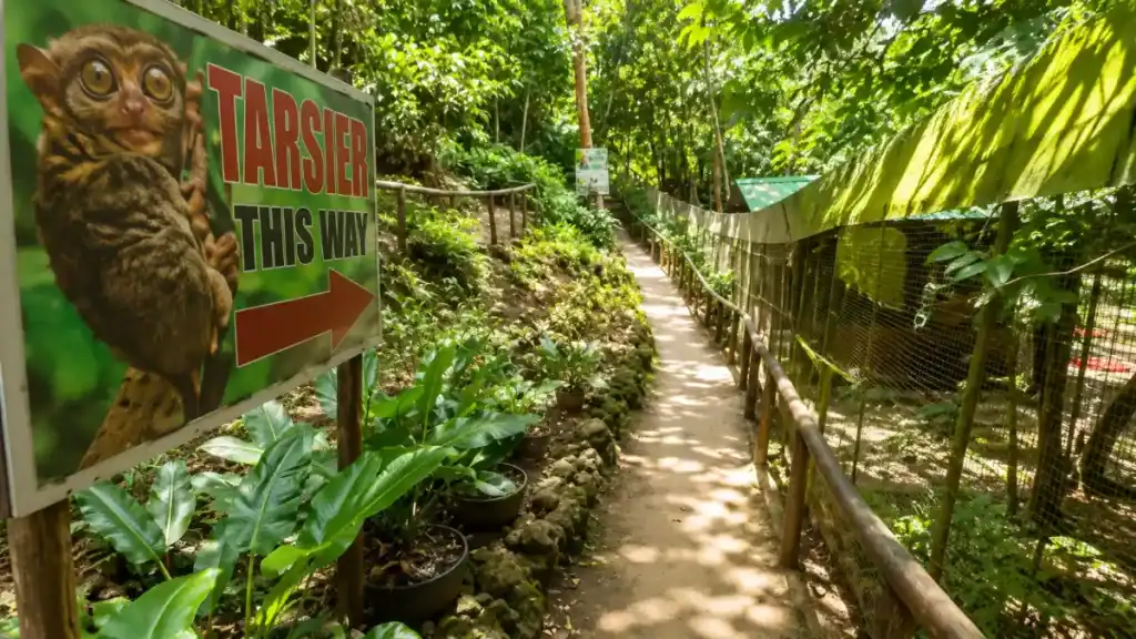 Signpost pointing tourists toward the forest trail at the tarsier sanctuary in Loboc