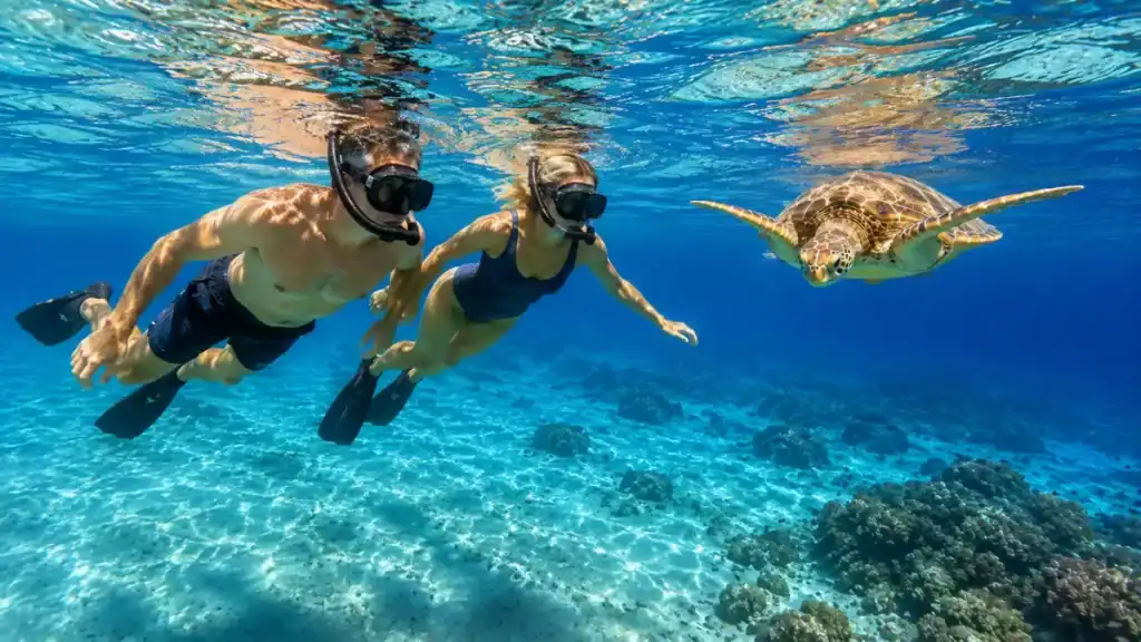 Two snorkelers swim alongside a green sea turtle in Balicasag Island's marine sanctuary.