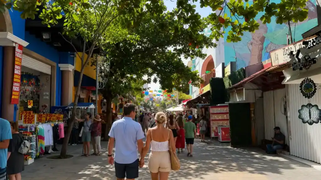 couple strolling Quinta Avenida's shaded shops in Playa del Carmen near Tulum