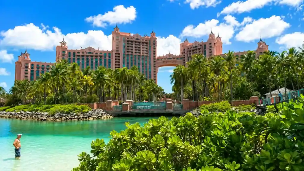 Atlantis Paradise Island's twin towers rise over the lagoon, a top stop when planning how many days in Nassau.