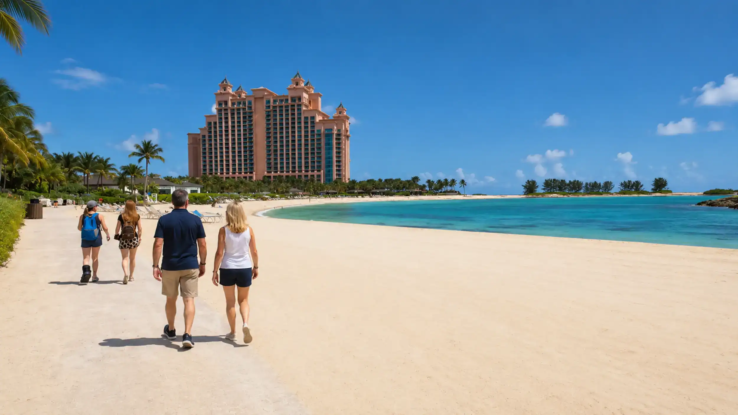 Beachgoers walk toward Atlantis Royal Towers on Paradise Island, proof Nassau is worth visiting