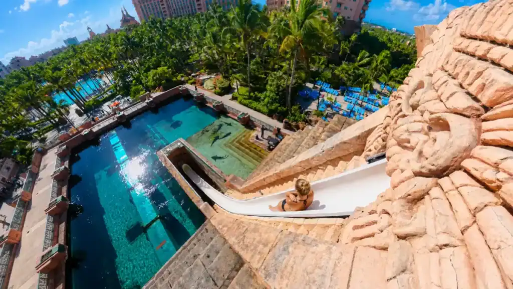 Rider descends the Leap of Faith slide into shark-filled water at Aquaventure