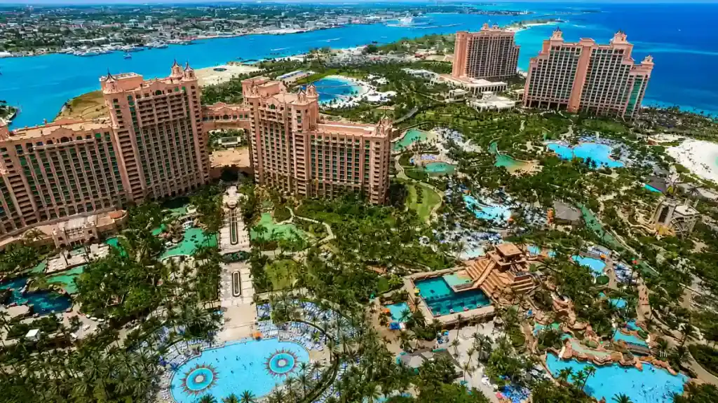 Aquaventure water park winds through Atlantis Paradise Island near Nassau, Bahamas
