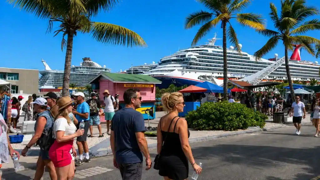 Crowds of cruise passengers stroll past colorful vendor stalls near Nassau's port