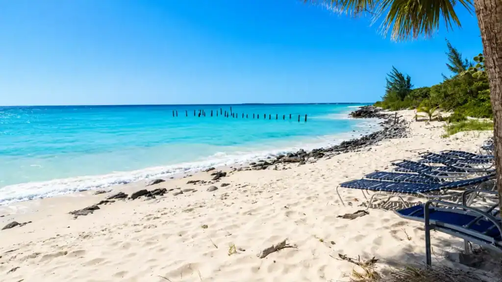 Empty loungers sit under palms on a quiet Nassau beach, the best time to visit Nassau for solitude