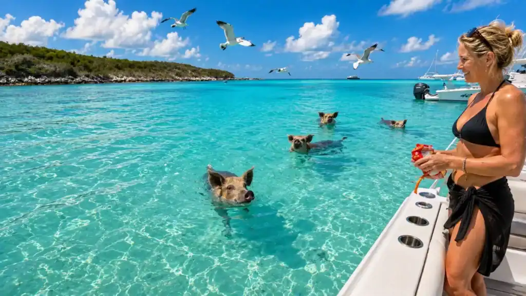 Woman feeds a swimming pig from a boat near Big Major Cay, Exuma