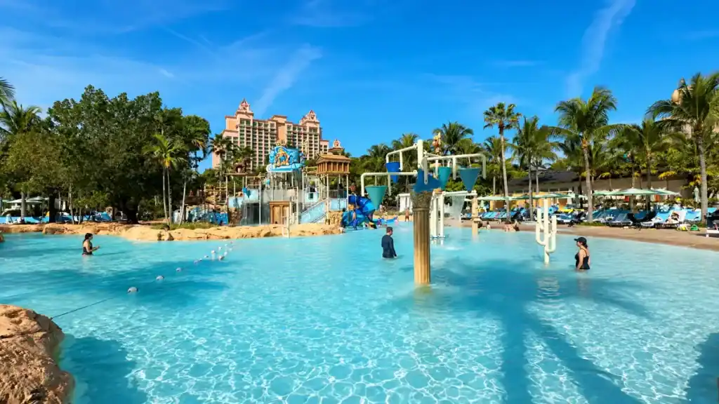 Splash towers rise from a shallow pool at Atlantis Paradise Island