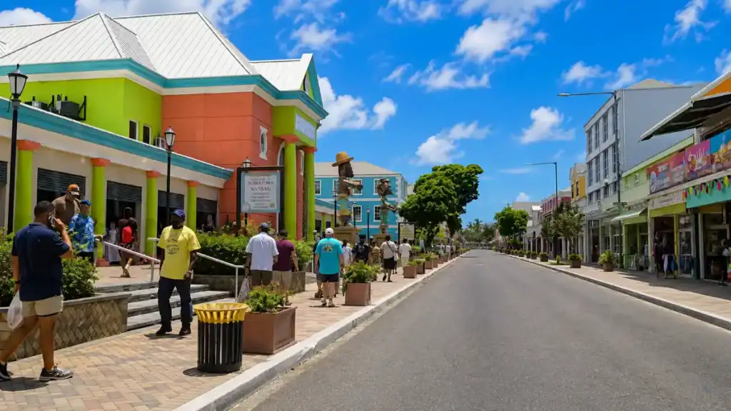 Pastel shopfronts and a Welcome to Downtown Nassau sign line Bay Street