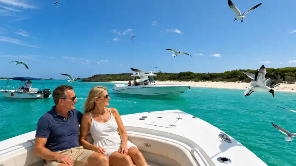 Seabirds circle a couple relaxing aboard a boat off a Bahamian out island