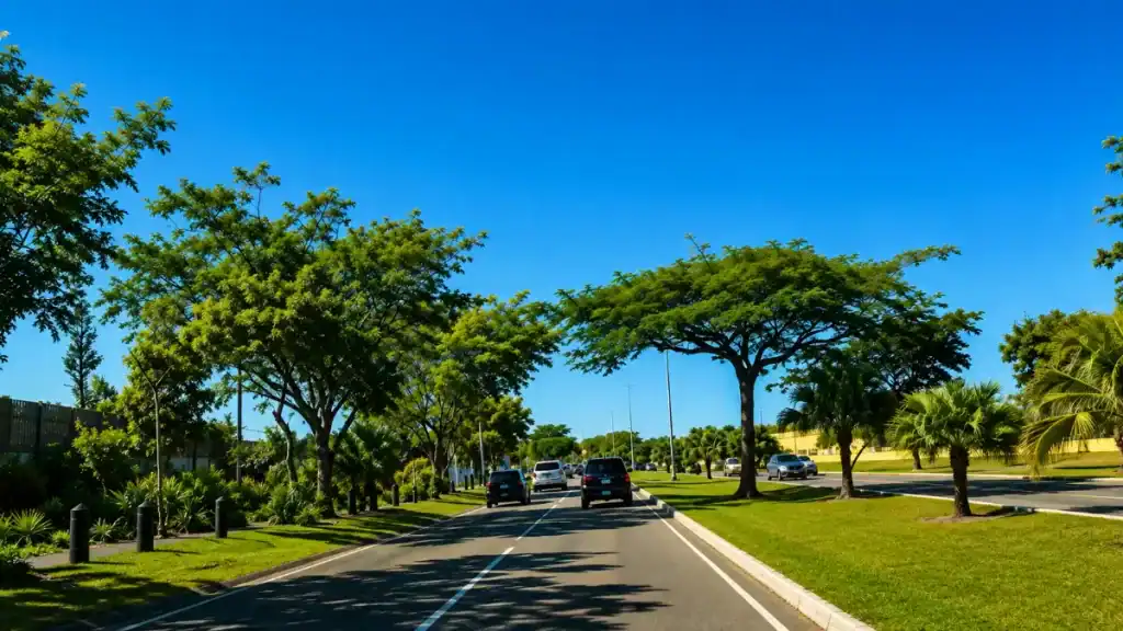 Cars travel a tree-lined divided road on New Providence island, shaded by flamboyant trees and palms.