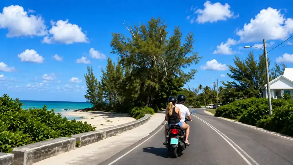 A couple rides a scooter along New Providence's western coastal road past turquoise water.