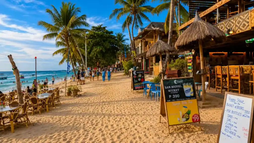 Beachfront tables and thatched huts line Alona Beach in Panglao vs Anda comparisons.