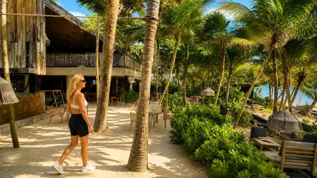 Woman walking past palm-shaded beach club in Tulum's hotel zone, answering what is Tulum really like