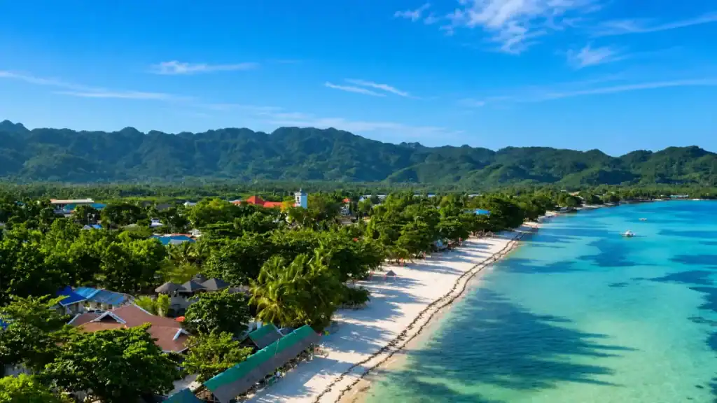 Rooftops and palm canopy trace the curve of Anda's coastline beneath a mountain backdrop
