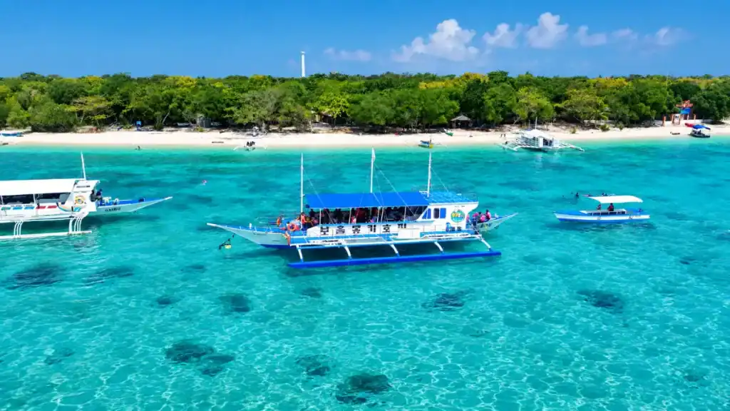 Passenger boats float above coral patches in the clear waters off Balicasag Island