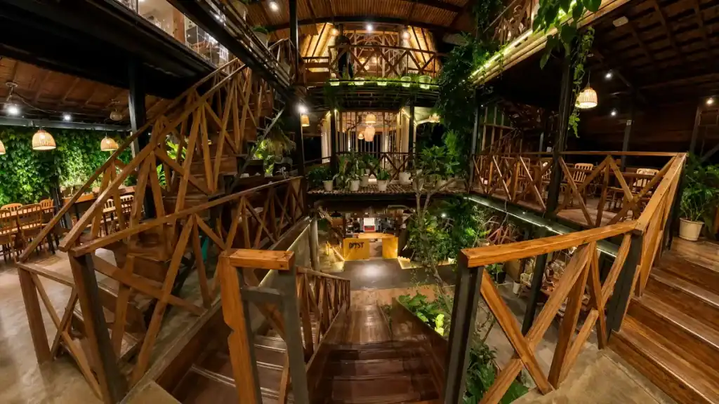 Multi-level bamboo walkways wind through Mist Restaurant, a striking dinner spot for where to stay in Bohol