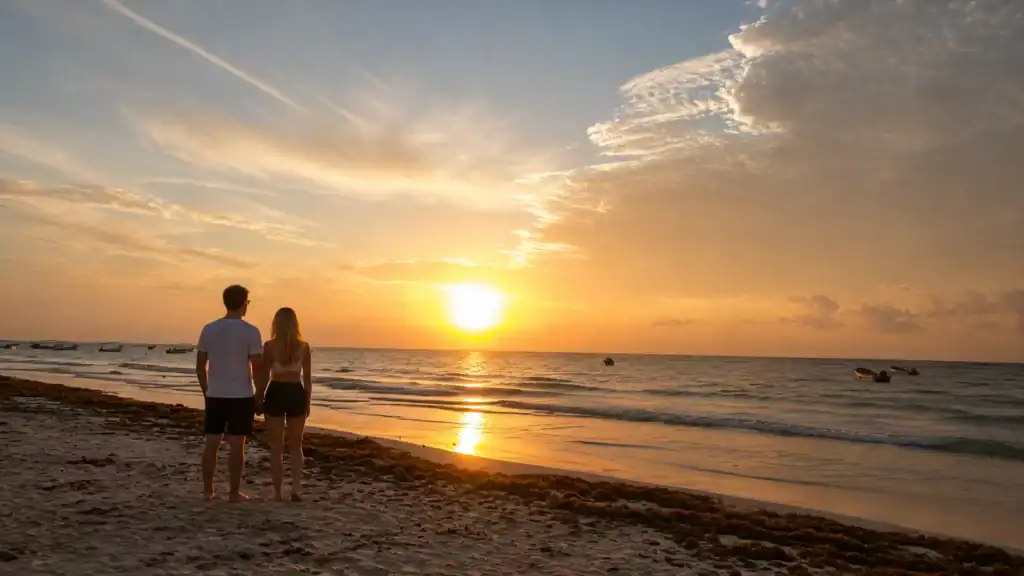 Couple holding hands at sunrise on Tulum beach, showing who Tulum is really for