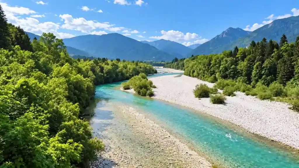 Turquoise river winds through Soca Valley. Wide gravel bed in the forested valley near Kranjska Gora