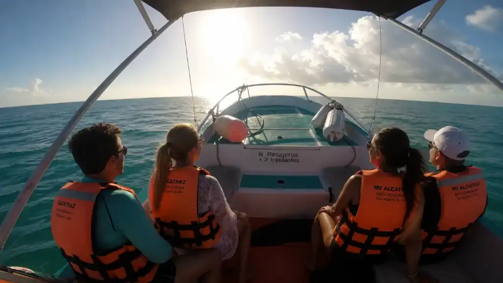 Passengers in life jackets riding a small boat across open water toward whale shark waters