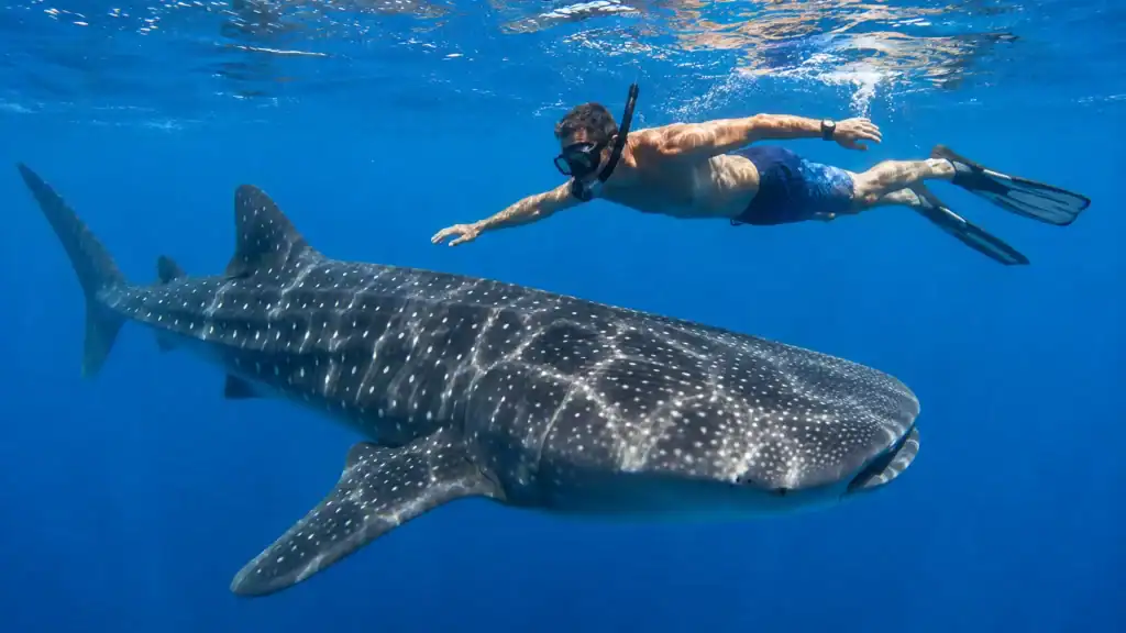 Snorkeler swimming beside a whale shark on a Holbox Whale Shark Tour