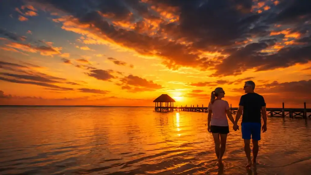 Couple holding hands in shallow water at sunset near the Punta Cocos pier