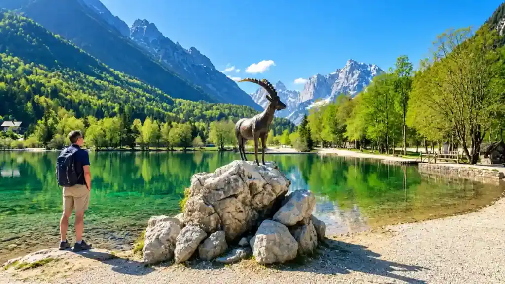 Hiker views Zlatorog goat statue on rocks at Lake Jasna, where to stay in Kranjska Gora