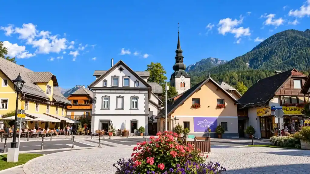 Flower-lined square with alpine houses and a church spire shows why summer is the best time to visit Kranjska Gora.