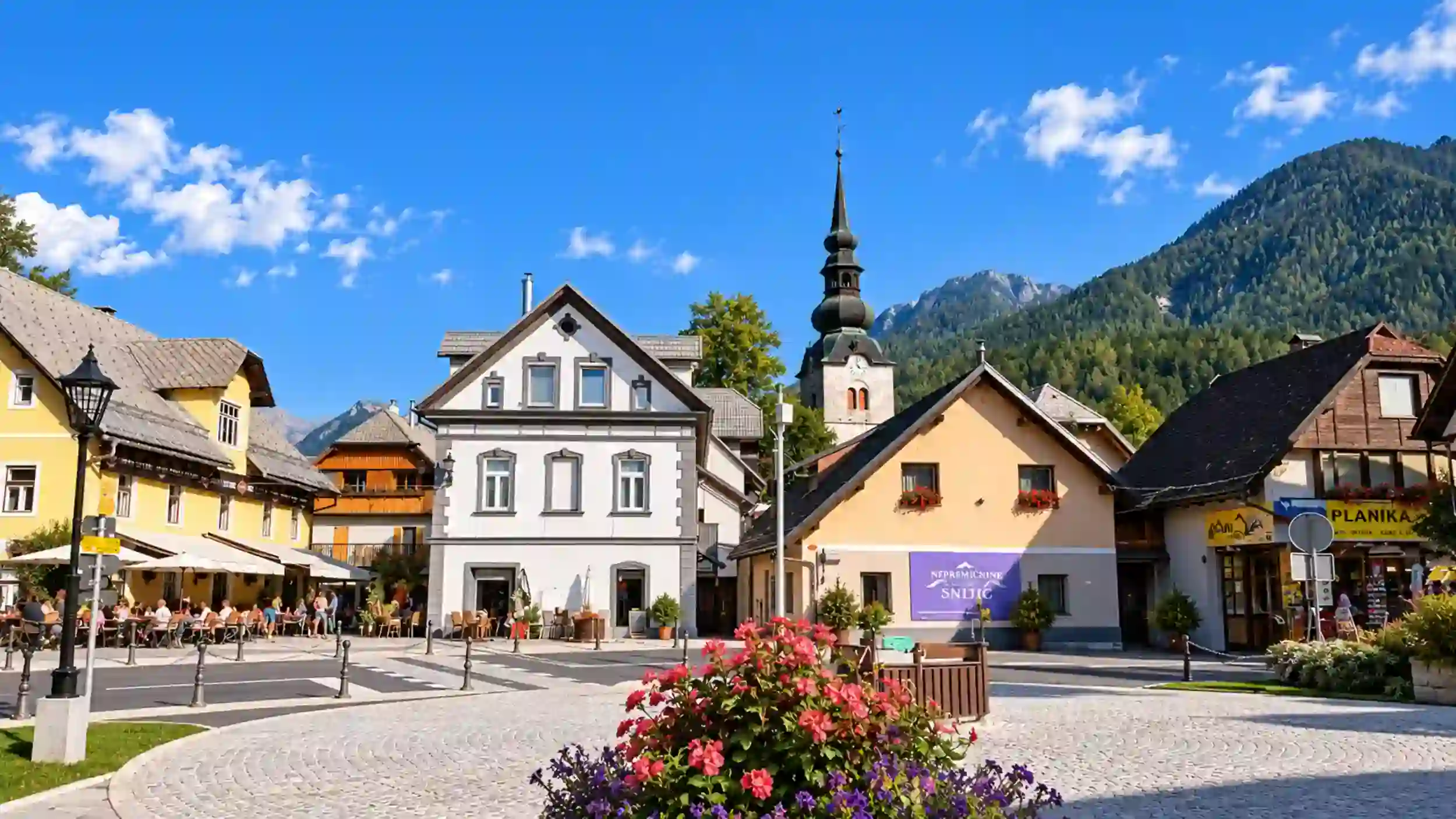 Flower-lined square with alpine houses and a church spire shows why summer is the best time to visit Kranjska Gora.