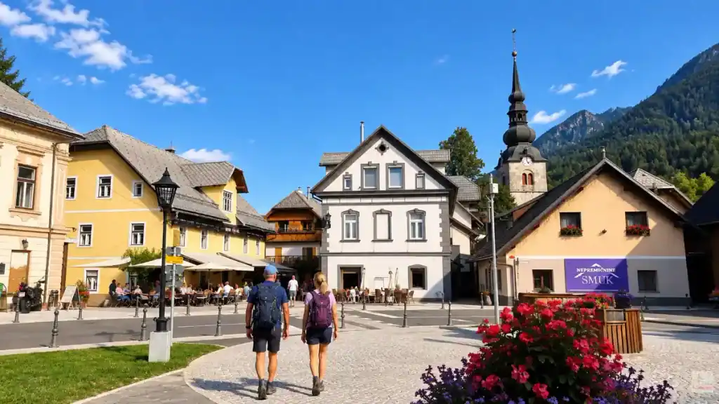 A couple strolls through the town square toward the church spire, showing the best time to visit Kranjska Gora for warm evening walks.
