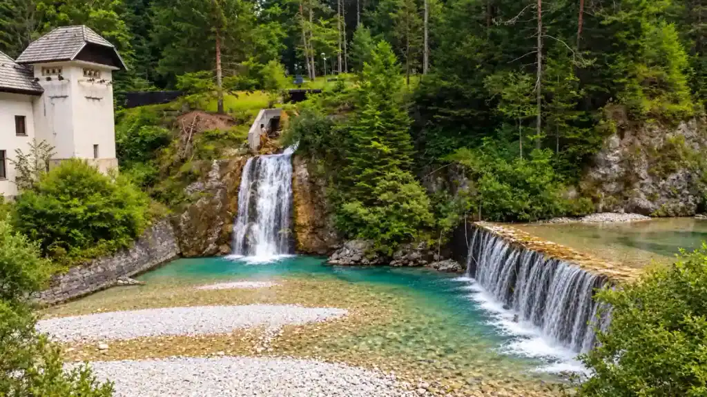 Twin waterfalls tumble past an old stone building into a turquoise pool near Kranjska Gora