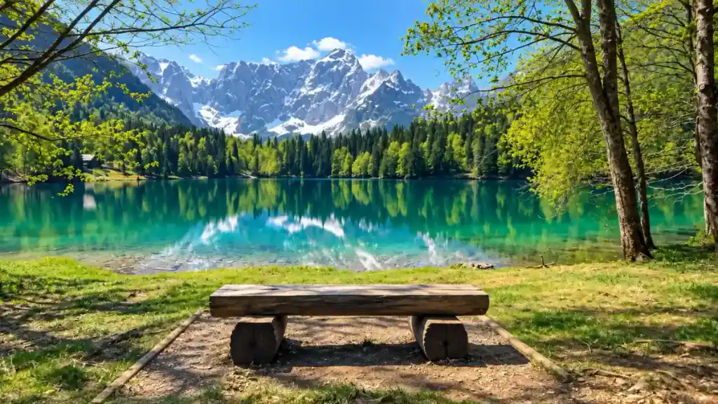 Weathered log bench faces a still alpine lake near Kranjska Gora, the kind of view do you need a car in Kranjska Gora walkers reach on foot