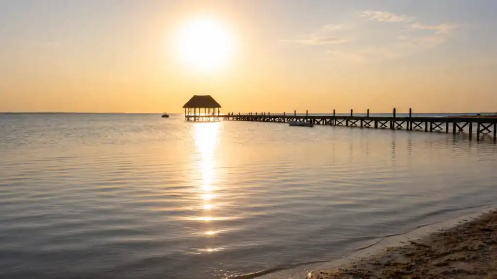 Silhouetted palapa pier reflecting the setting sun over calm Holbox waters