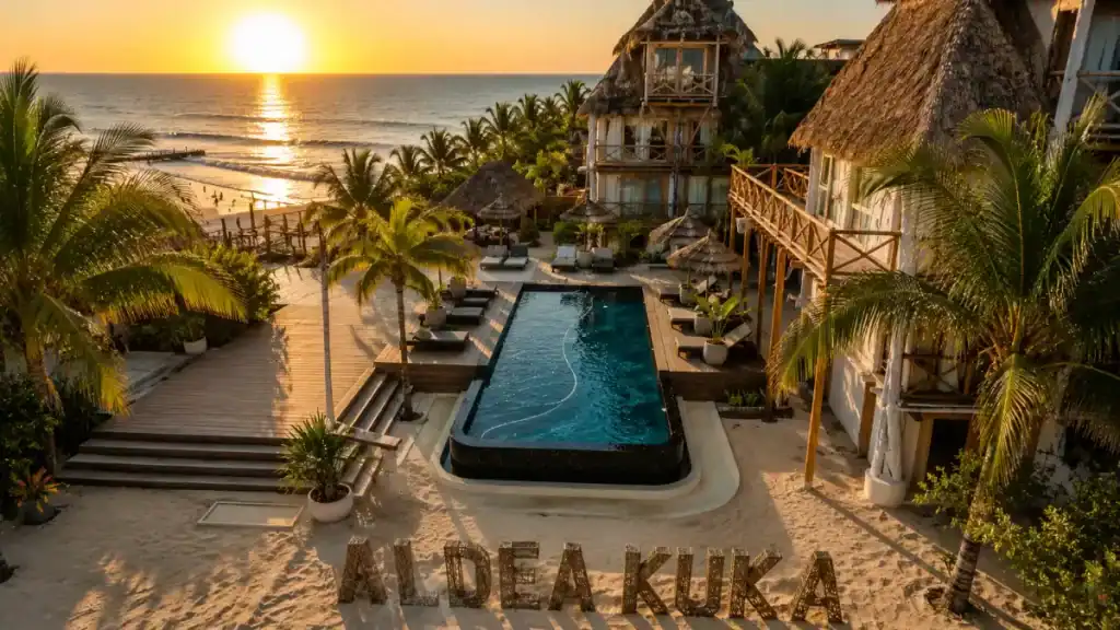 Aldea Kuka's thatched-roof suites and pool overlooking Holbox's beach at sunset