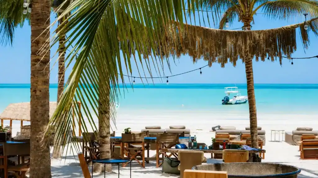 Beachfront lounge tables under palms, a relaxing stop on a Holbox day trip