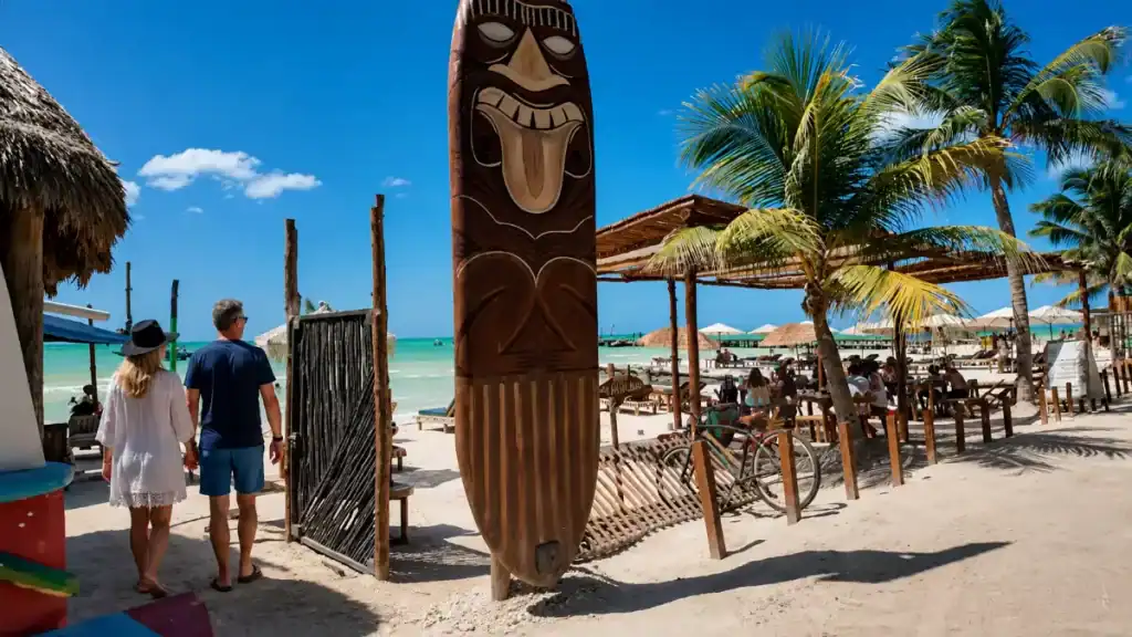 Carved tiki totem marks the entrance to a lively Holbox beach club