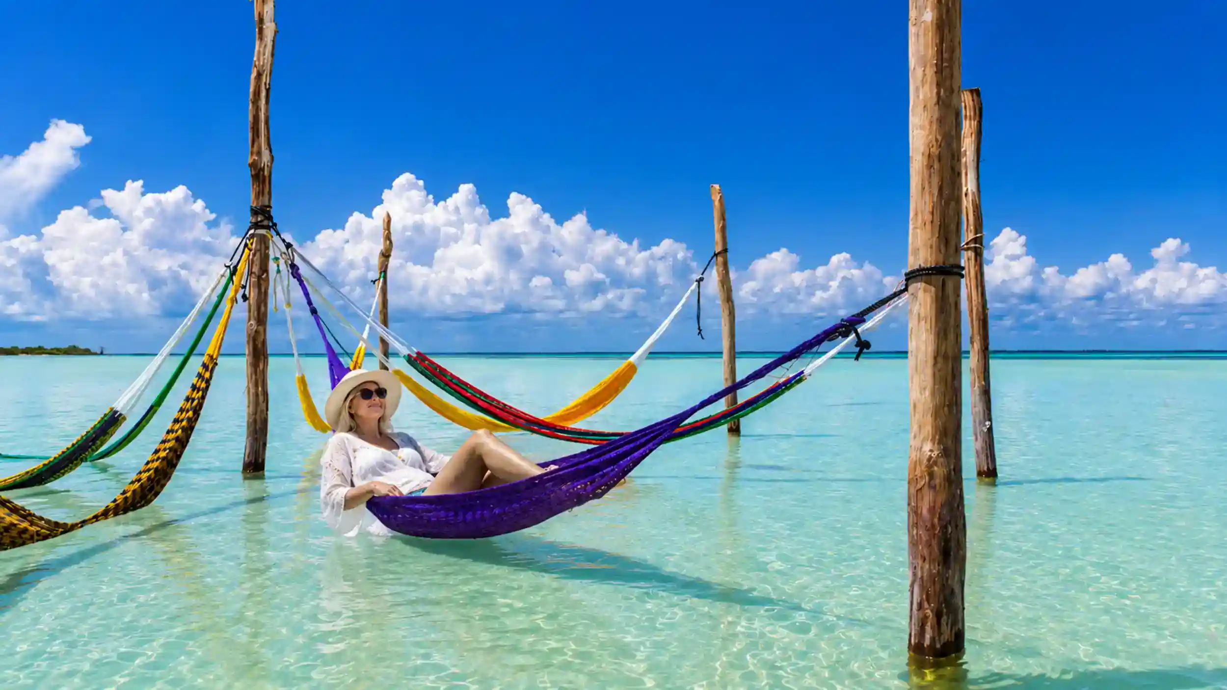 Woman relaxing in an overwater hammock, a classic Holbox day trip highlight