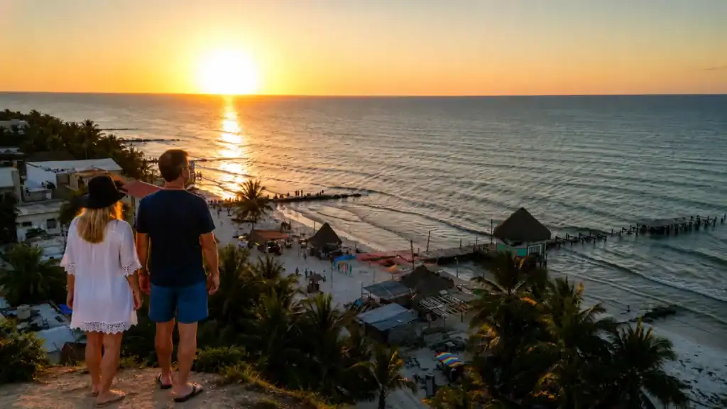 Couple watching the sunset over Holbox's coastline, a fitting end to a Holbox day trip